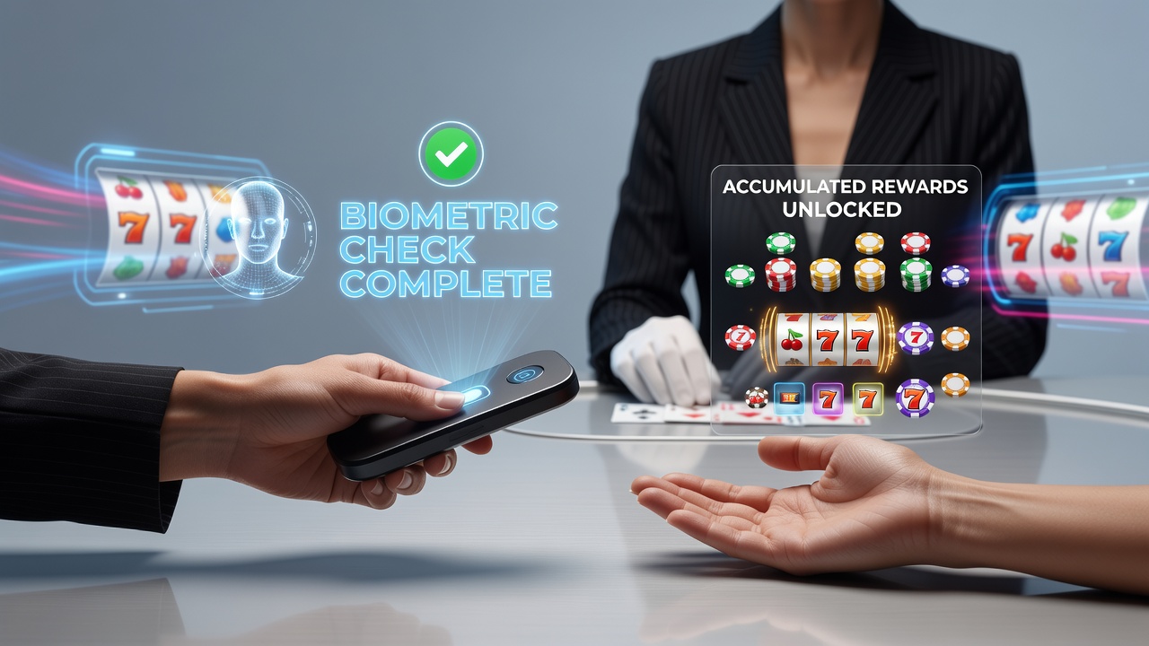 Mobile device displaying biometric authentication screen during a live dealer casino session with reward points interface visible
